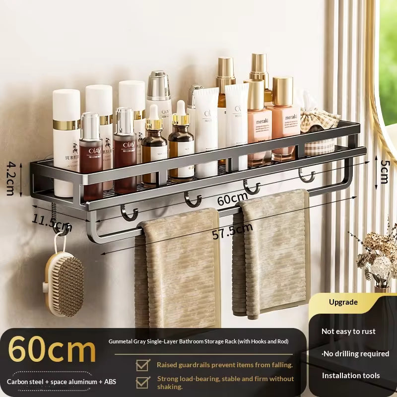 Étagère de salle de bain à ventouse sans perçage, support mural en aluminium pour toilettes, organisateur de salle de bain à suspendre au mur