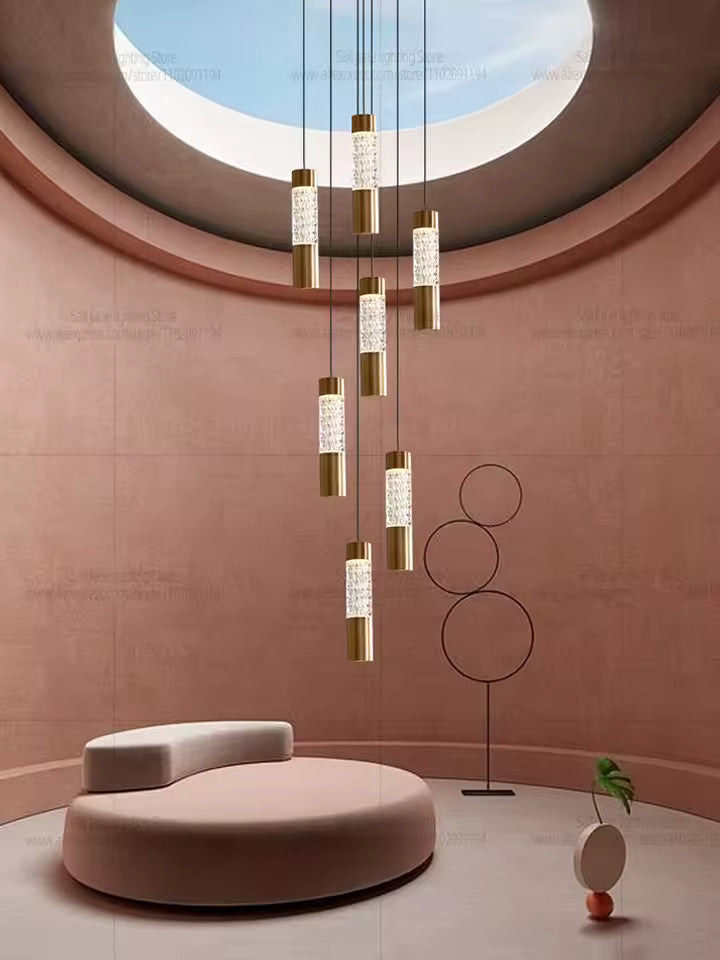 Lustre Cylindrique Moderne de Luxe Doré pour Villa